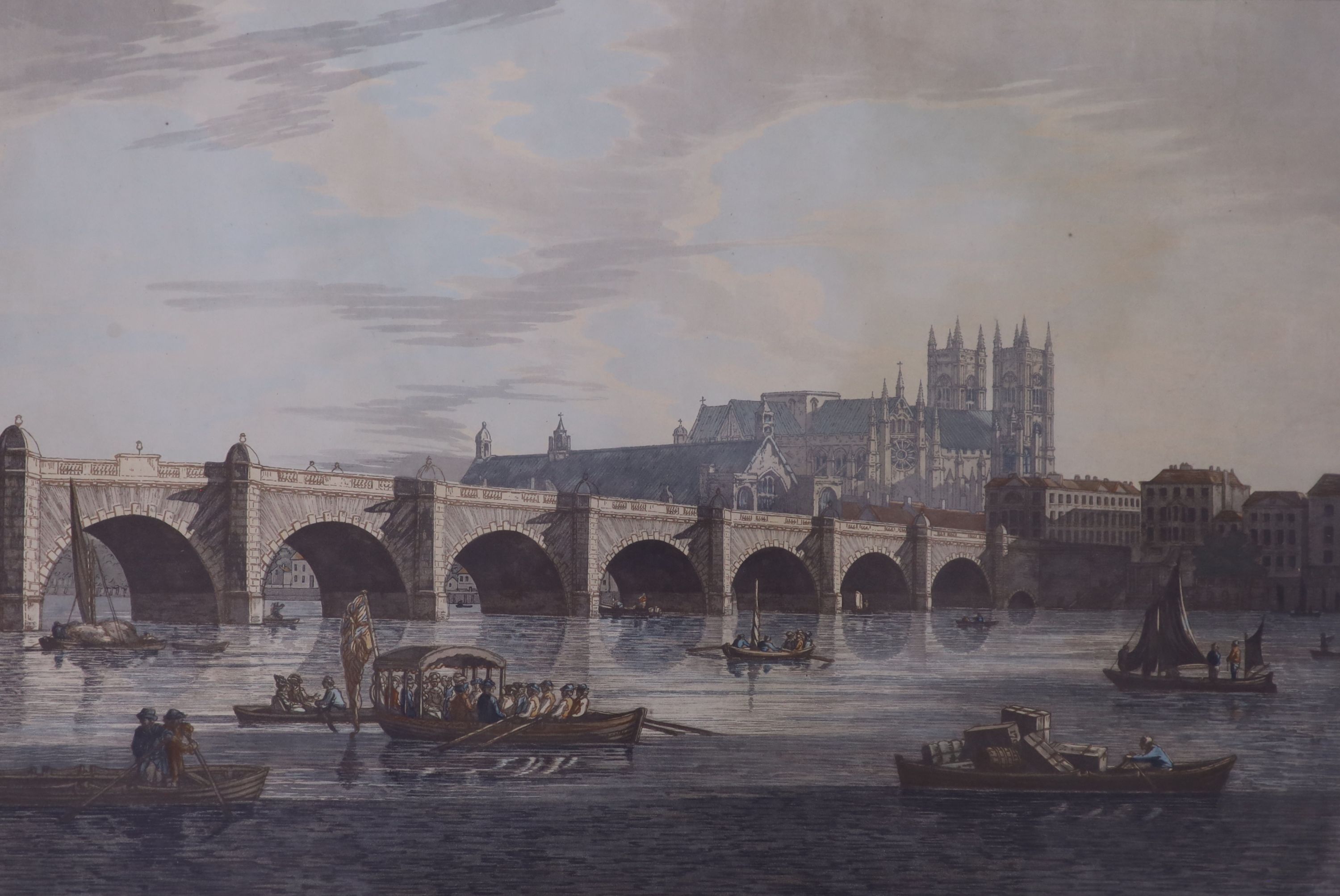 Stadler after Farington, coloured aquatint, Westminster Bridge including Westminster Hall and Abbey, overall 45 x 64cm